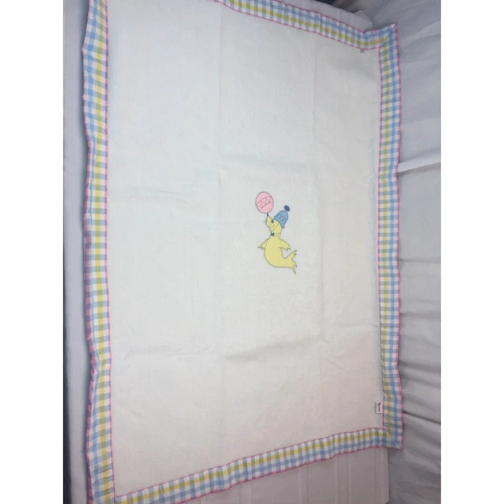 Vintage Quiltex New Baby Blanket Pastel Checked edging Seal Union Made USA